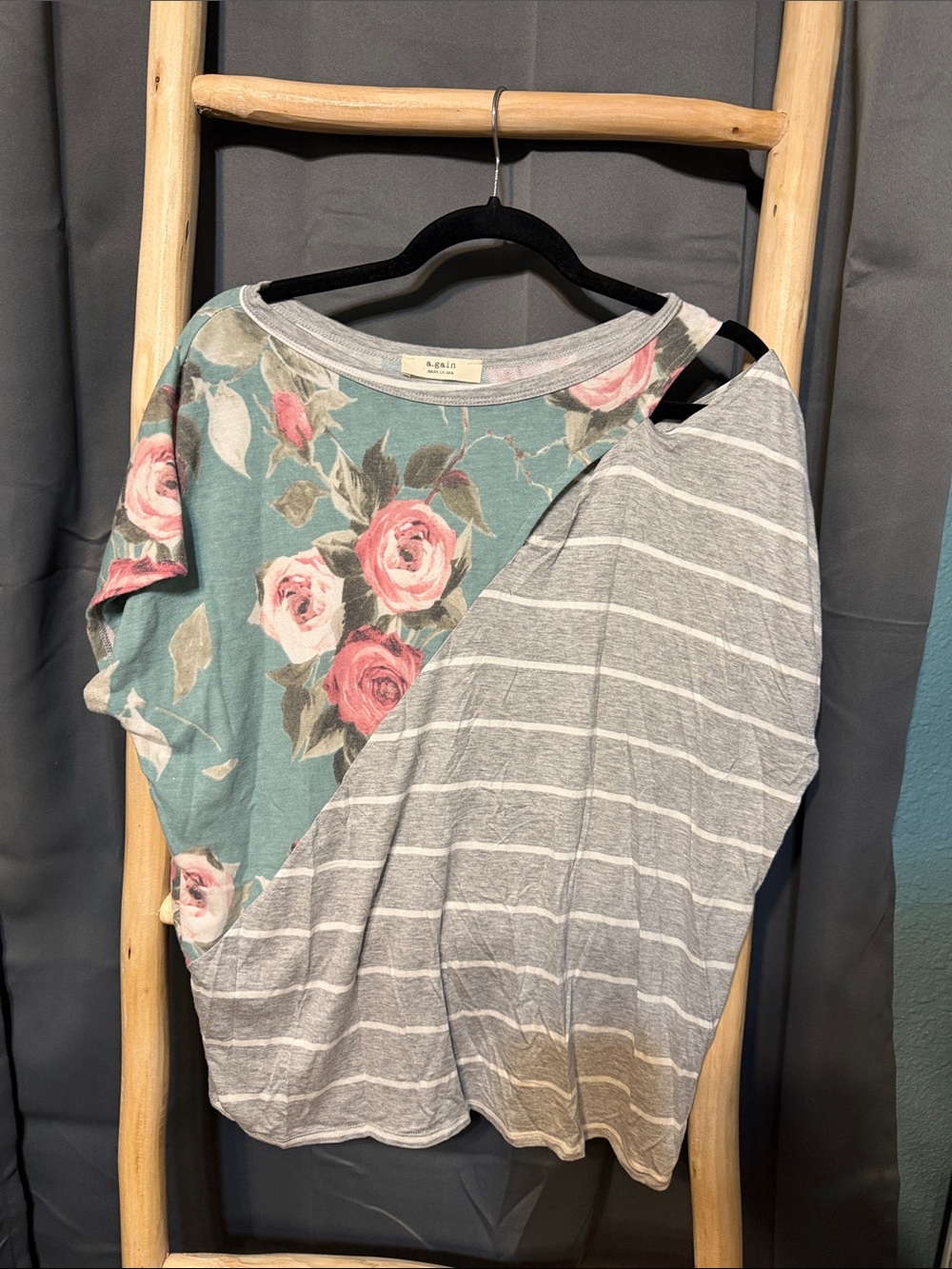 Mixed-Print Short Sleeve Tee with Floral & Stripe Panels - Teal/Pink/Gray